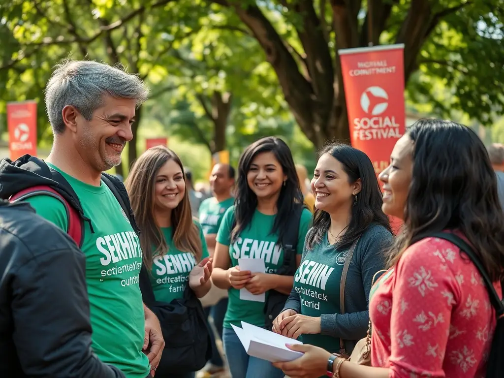 A heartwarming image of SEKHFEST volunteers engaging with local community members during an outreach event, showcasing the festival's commitment to social impact and community support.