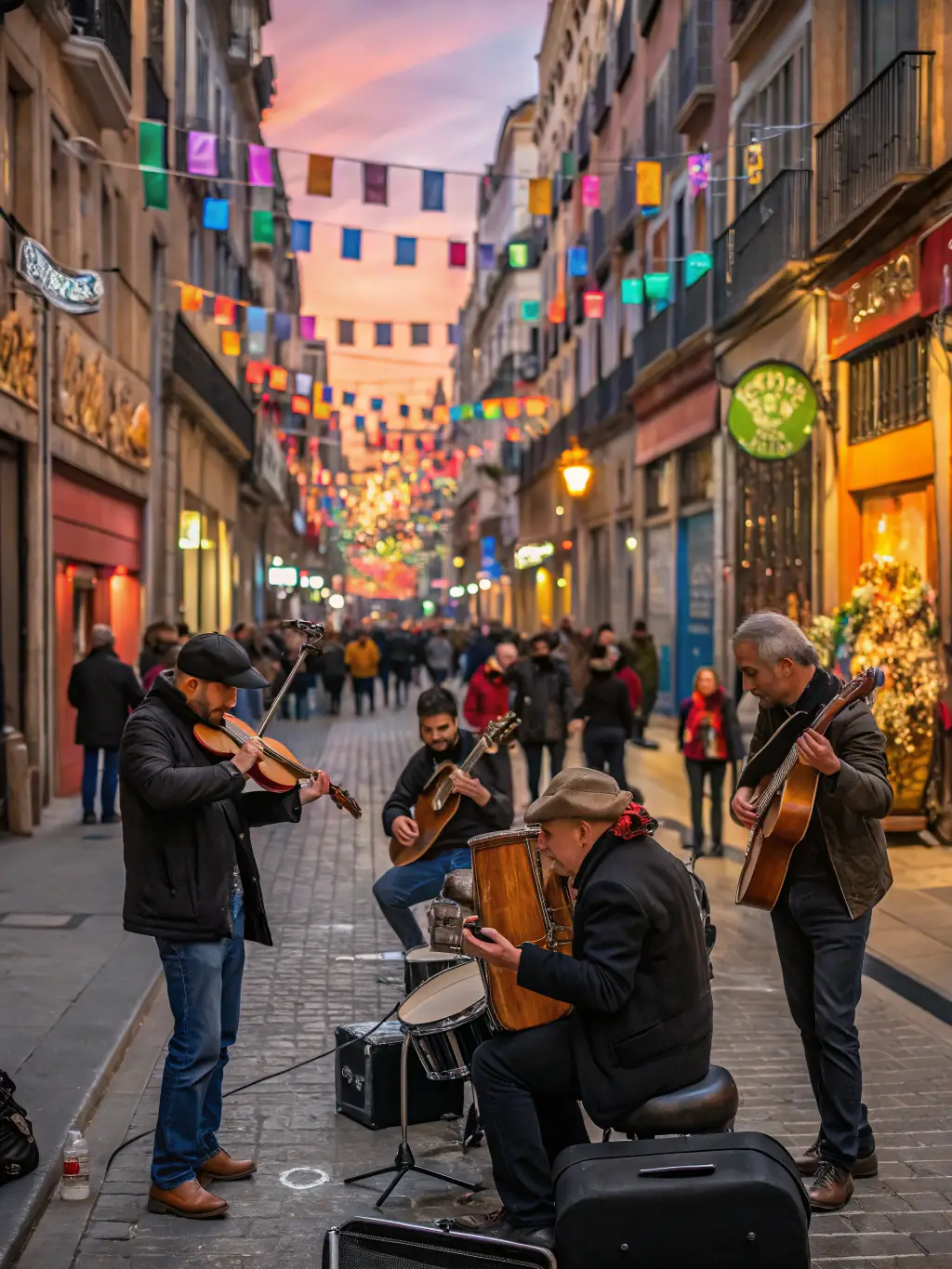 A vibrant image of a community outreach program by SEKHFEST, featuring musicians performing in a local neighborhood, engaging with residents of all ages.