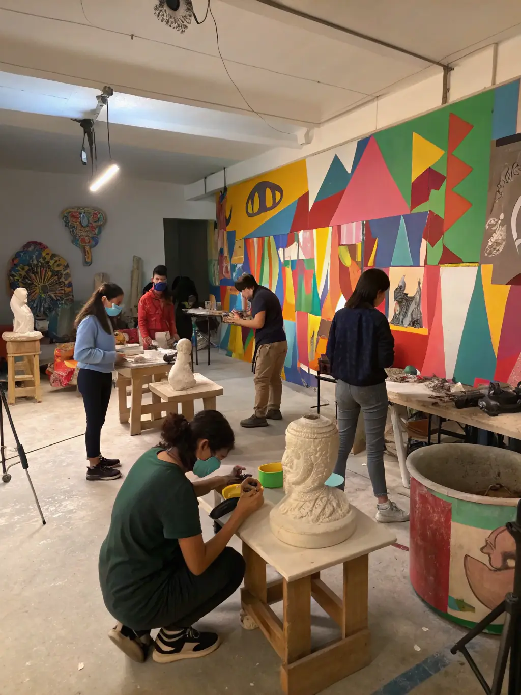 A vibrant photograph capturing a community workshop during SEKHFEST, where participants are actively engaged in creating sound art using recycled materials, showcasing the festival's commitment to environmental sustainability and artistic expression.