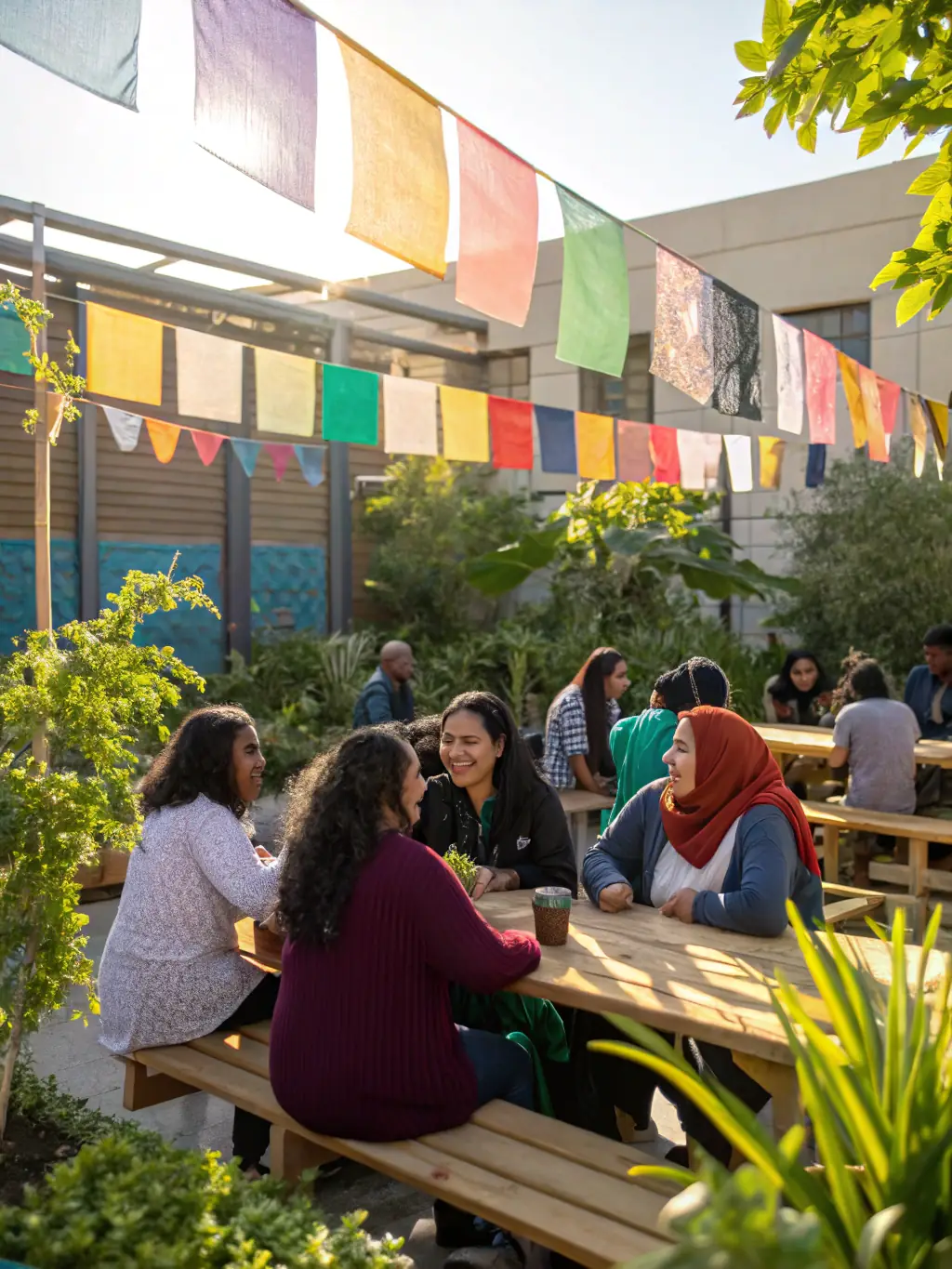 A diverse crowd of people of all ages and backgrounds enjoying a sunny afternoon at an outdoor music festival, with a focus on community and shared experience.