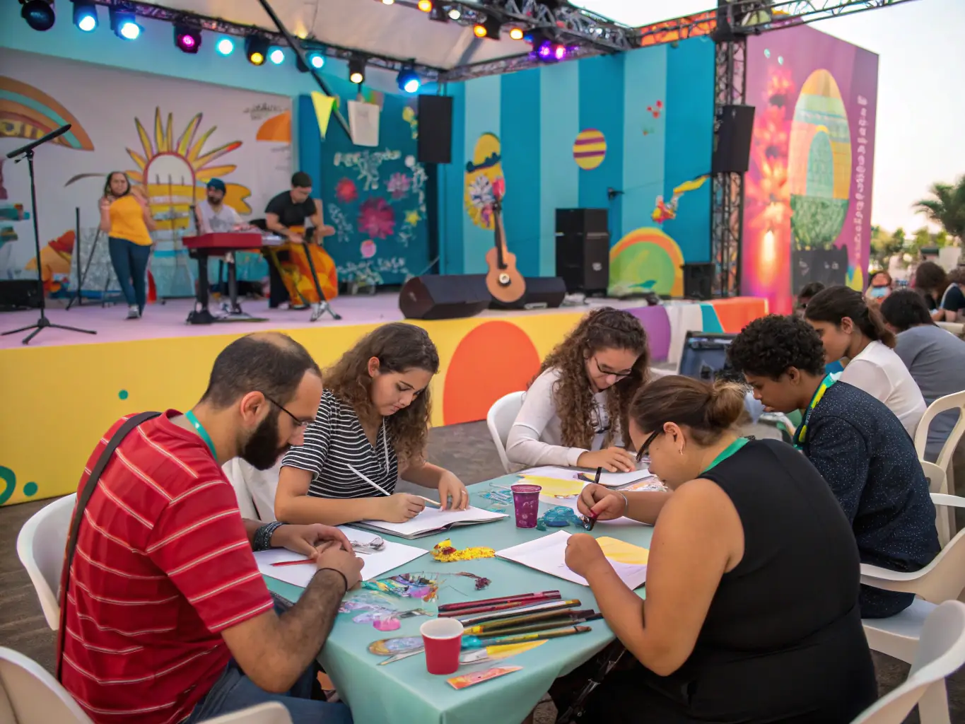 A vibrant image depicting participants actively engaged in a music workshop at SEKHFEST FESTIVAL, showcasing hands-on learning and creative collaboration.