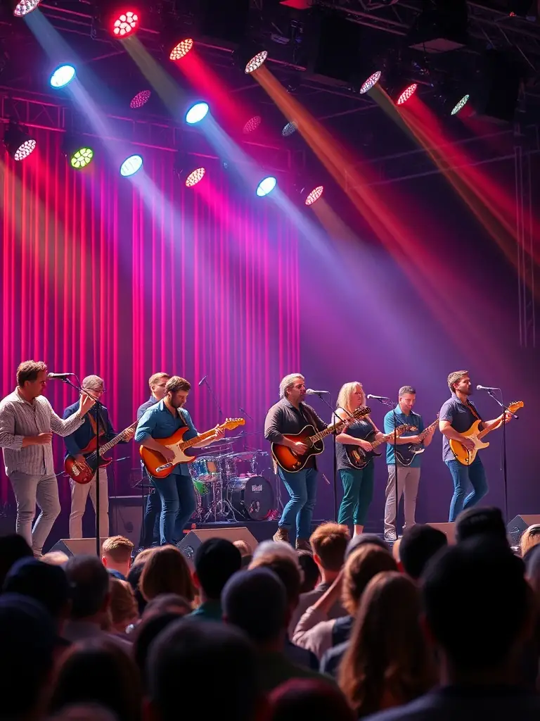 A dynamic shot of a live performance at SEKHFEST, showcasing a diverse group of musicians on stage, with a lively audience enjoying the show.