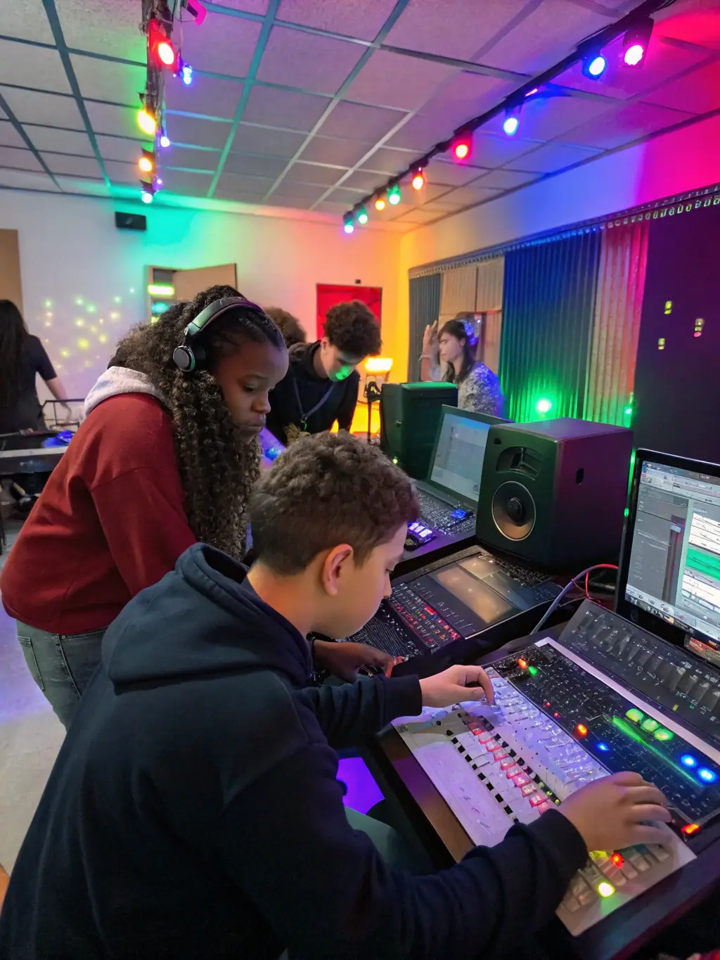 A dynamic image of a SEKHFEST workshop, showing participants actively engaged in a music production session, using laptops and audio equipment, guided by an experienced instructor.