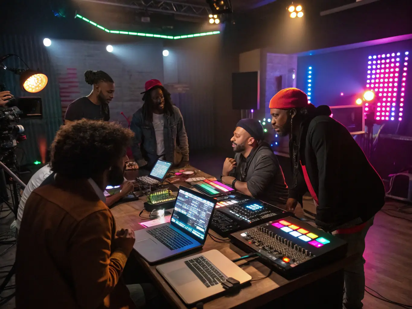 A photo of a music workshop at SEKHFEST, showing participants actively engaged in learning about music production and performance techniques from experienced instructors.