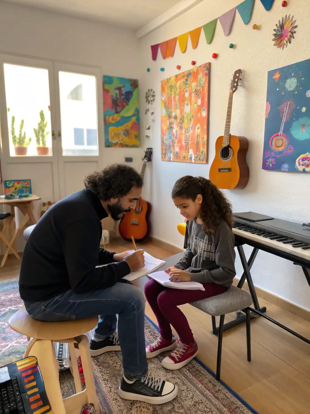 A close-up shot of a young musician receiving mentorship from a seasoned artist at SEKHFEST, emphasizing the festival's dedication to nurturing emerging talent and providing valuable learning opportunities.