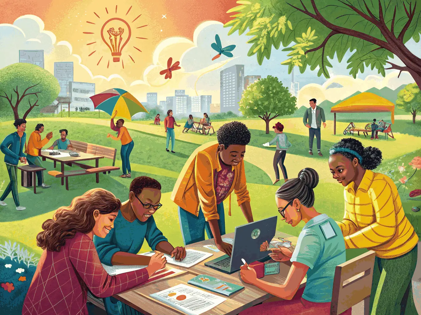 A heartwarming image showing festival volunteers and community members working together on a community art project at SEKHFEST FESTIVAL, emphasizing the festival's commitment to social impact.