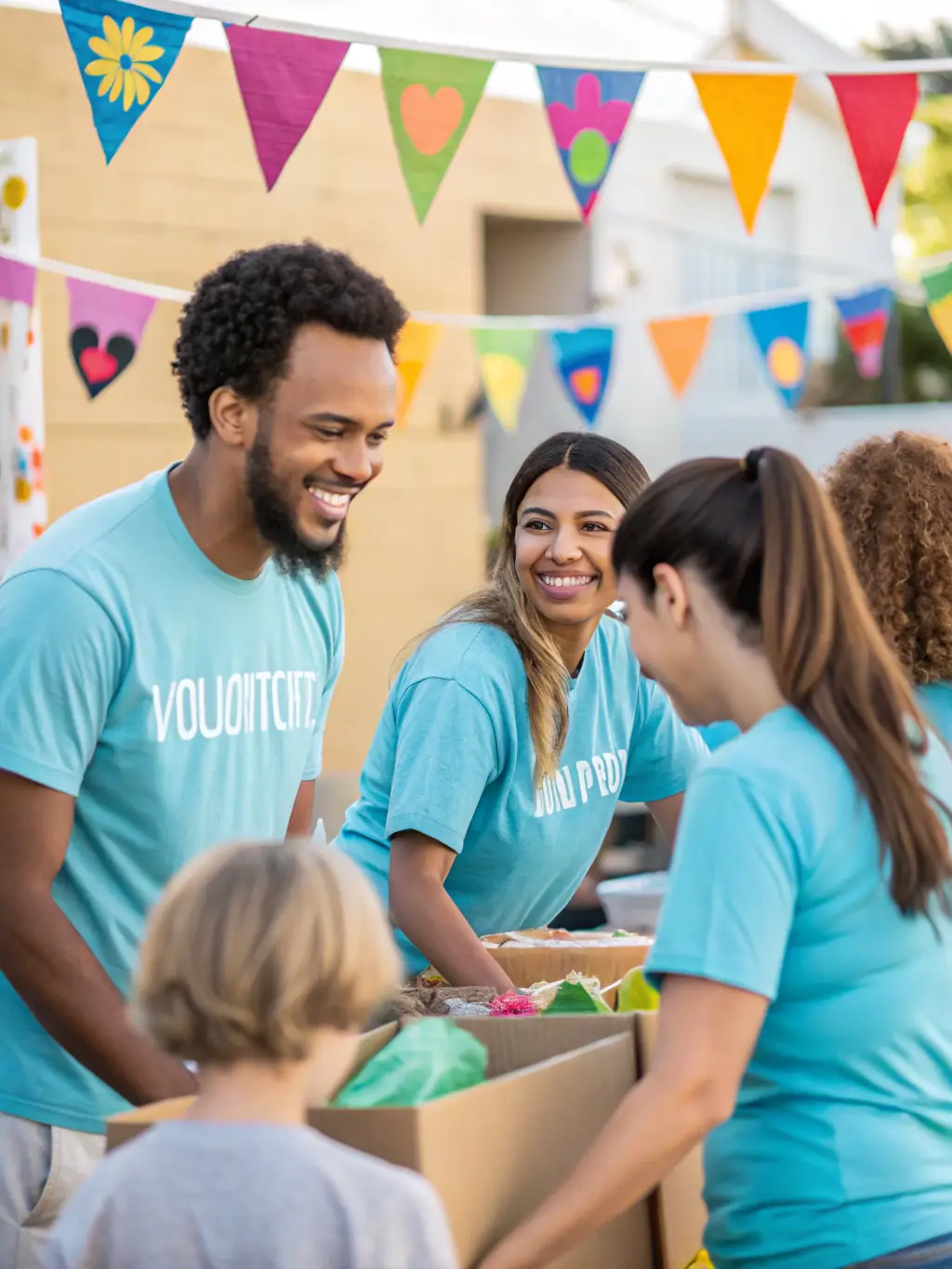 A group of volunteers working together at the festival, setting up decorations and assisting attendees, showcasing the community spirit and collaborative effort behind the event.