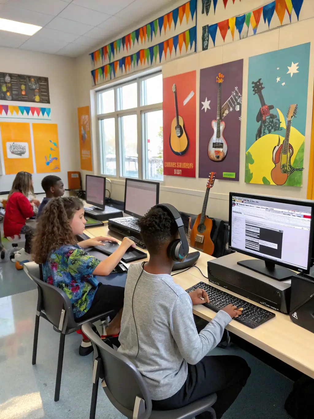 A photograph capturing a youth music workshop at SEKHFEST, showing young participants engaged in learning about music production with professional equipment and instructors.