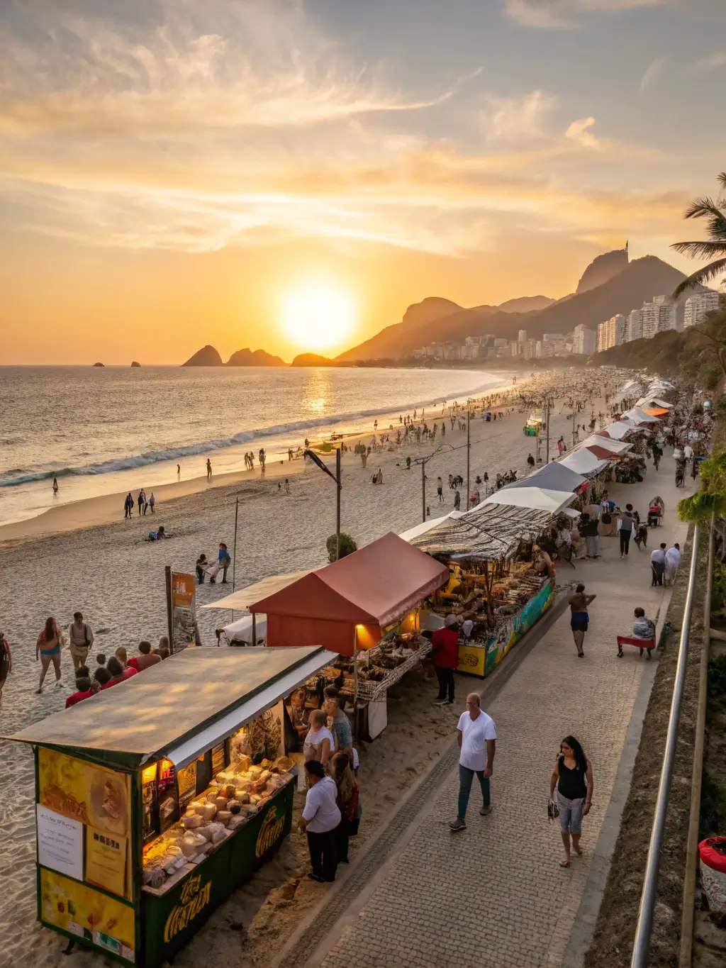 A panoramic view of the festival grounds at sunset, with food vendors, art installations, and people mingling, highlighting the vibrant atmosphere and diverse attractions of SEKHFEST.