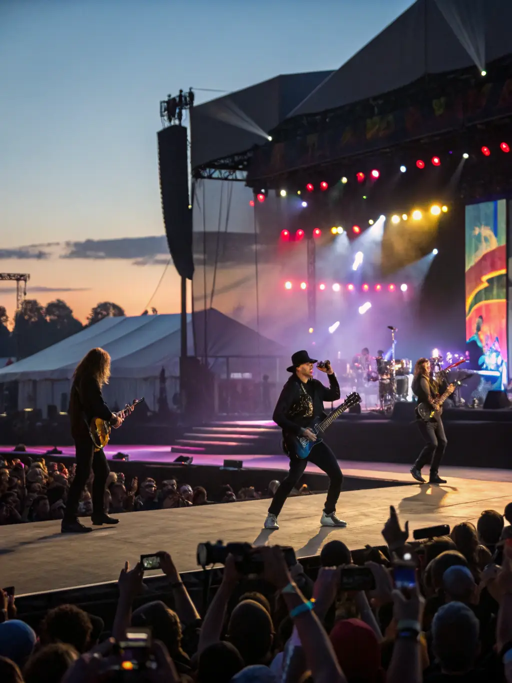 A vibrant photograph capturing a live performance at SEKHFEST, showcasing a musician passionately playing an electric guitar on stage, bathed in colorful stage lights, with an enthusiastic crowd in the background.