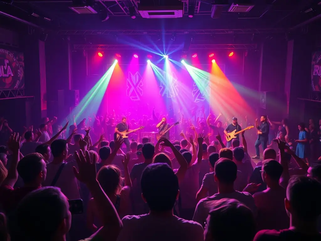 A vibrant image of a live music performance at SEKHFEST, showcasing a diverse band on stage with an enthusiastic crowd in the background, capturing the energy and excitement of the festival.